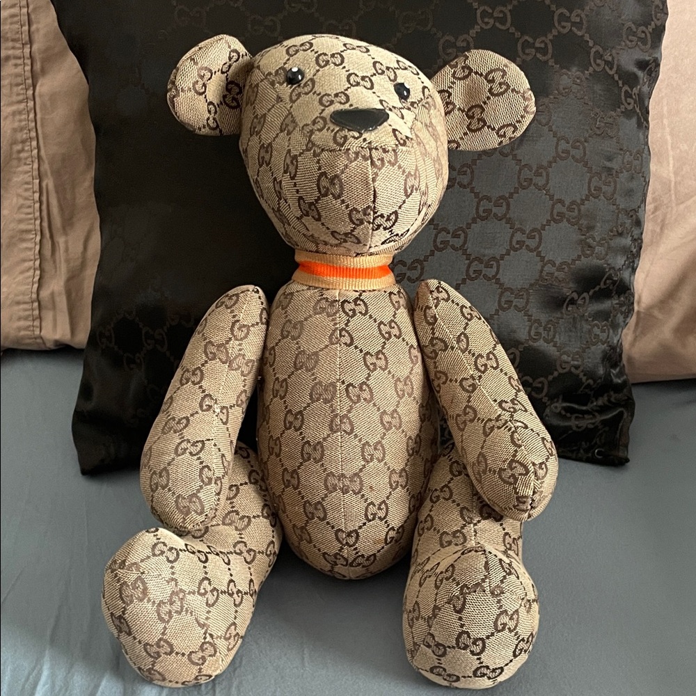Vintage Gucci Monogram Brown Teddy Bear with Orange Collar